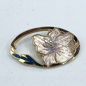 VINTAGE GOLD PLATED ENAMEL FLOWERS FLORAL CUT WORK PIN BROOCH by FINE ENAMELS